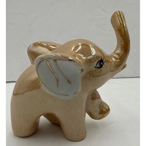 Vintage Peach Ceramic Hand Painted Elephant Figurines Trunk Up Ring Holder